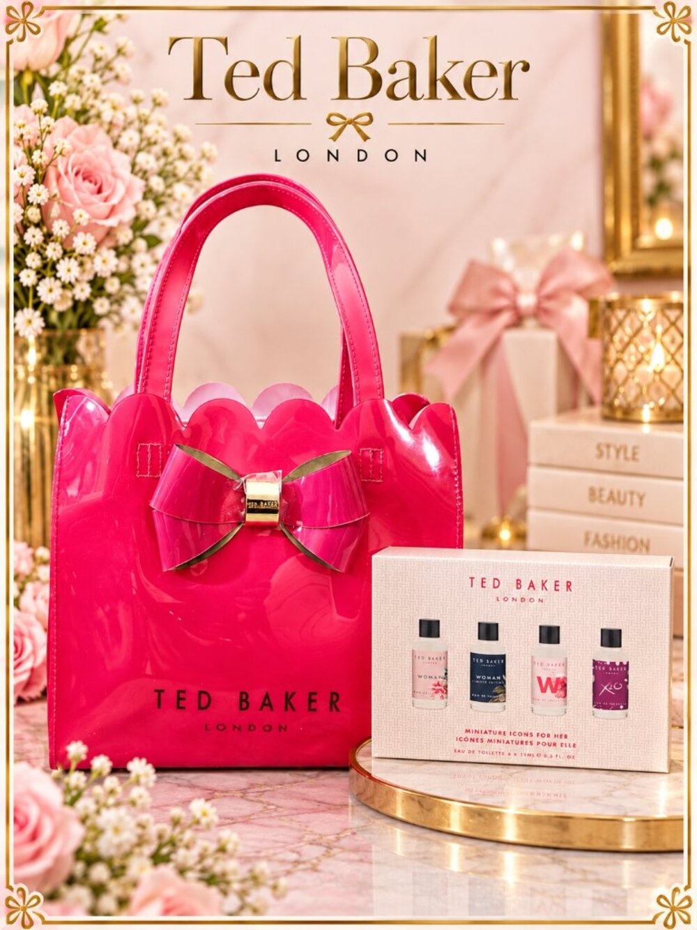 Ted Baker London Hot Pink Patent Bow Scalloped Mini Tote Bag & Icons NWOT